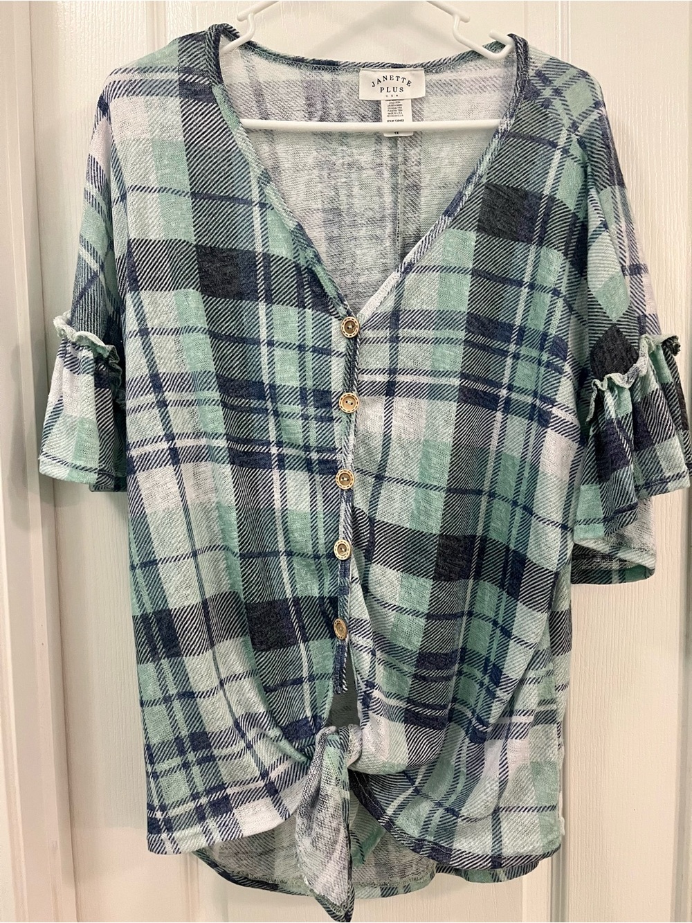 Janette Plus Mint Green and Navy Boho Plaid Tie-Front Button Top XL.